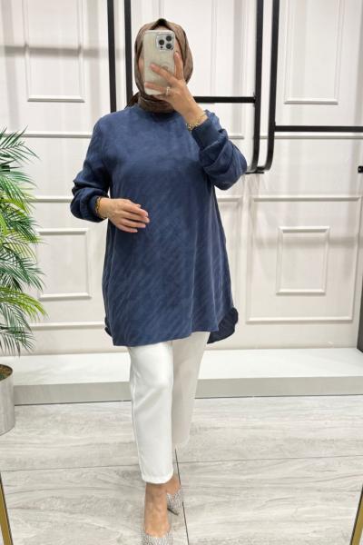 Desenli İpek Kupra Tunik Lacivert