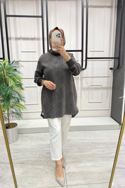 Desenli İpek Kupra Tunik Gri