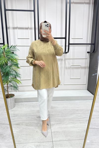 Desenli İpek Kupra Tunik olive yeşili