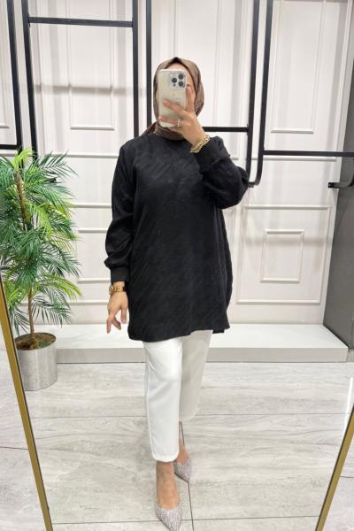 Desenli İpek Kupra Tunik Siyah