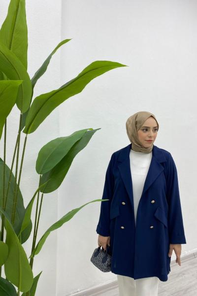 Yazlık İnce Ceket Süs Cepli Düğme Detaylı  Lacivert