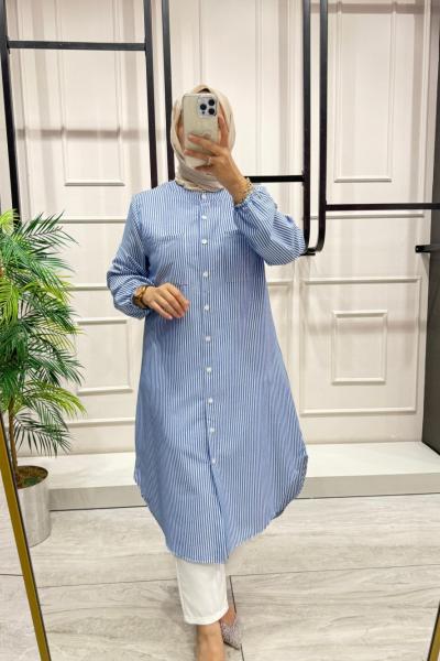 Çizgili Gofret Kumaş Tesettür Gömlek Mavi