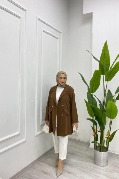 Yazlık İnce Ceket Süs Cepli Düğme Detaylı Kahverengi