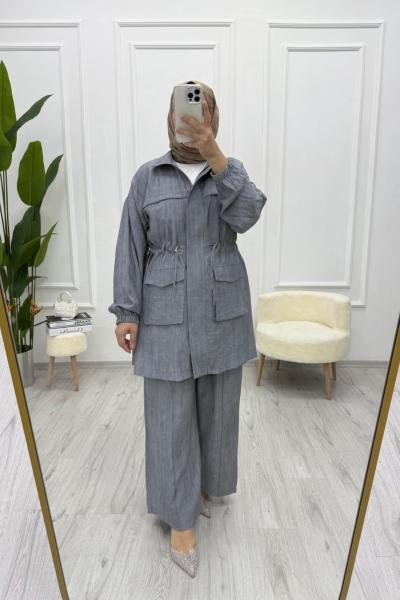 Batik Desenli Çilek Kumaş Takım Gri