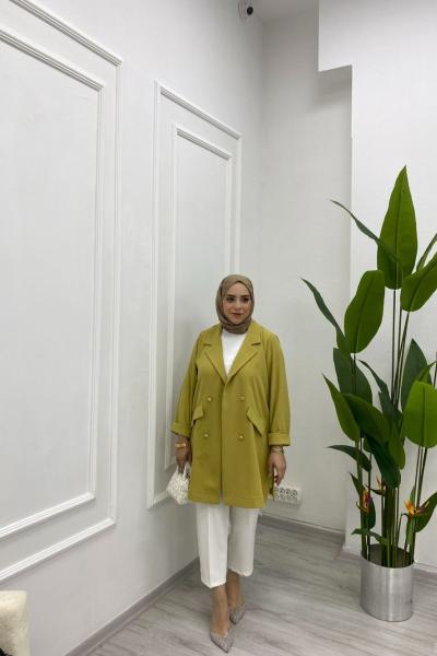 Yazlık İnce Ceket Süs Cepli Düğme Detaylı Yağ Yeşili
