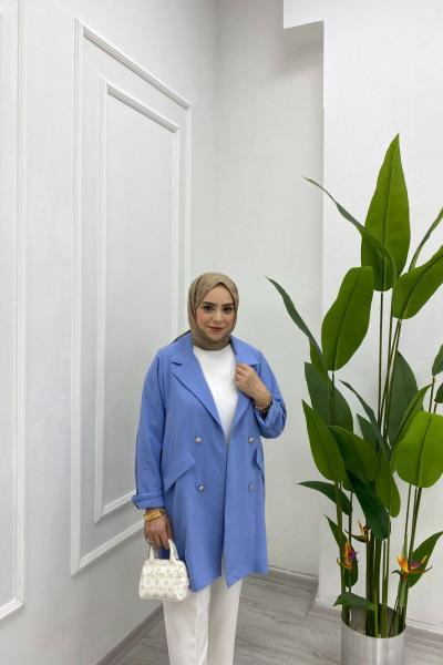 Yazlık İnce Ceket Süs Cepli Düğme Detaylı Açık Mavi