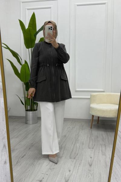 İpek Cupra Fermuarlı Ceket Gri