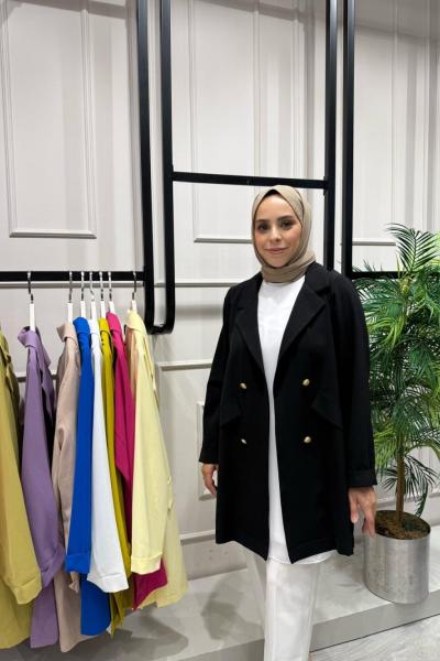 Yazlık İnce Ceket Süs Cepli Düğme Detaylı Siyah