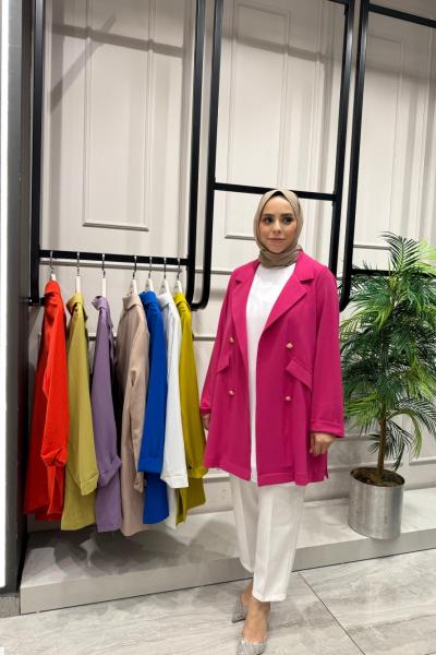 Yazlık İnce Ceket Süs Cepli Düğme Detaylı Fuşya