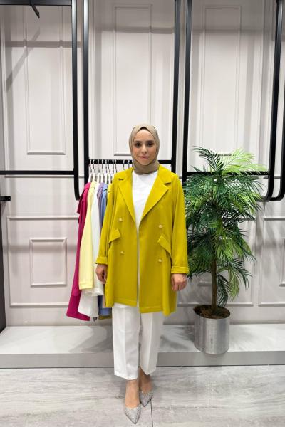 Yazlık İnce Ceket Süs Cepli Düğme Detaylı açık yağ yeşili