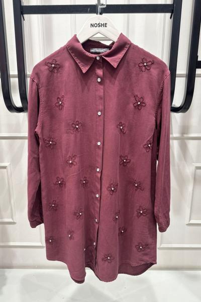 ÇİÇEKLİ TENSEL GÖMLEK  Bordo