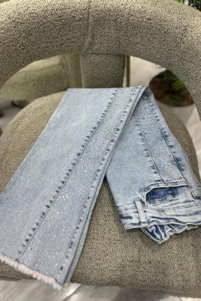 Paça Püsküllü Kot Taş Detaylı Kot Pantolon Mavi