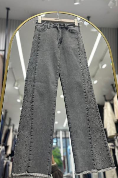 Paça Püsküllü Kot Taş Detaylı Kot Pantolon Gri