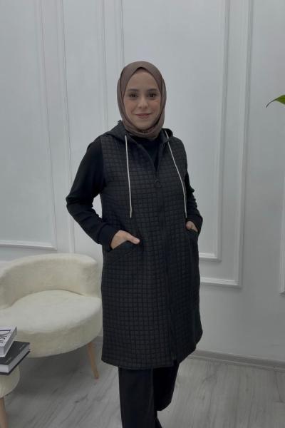 Kapüşonlu Kapitone Yelek Simli Kordon Detaylı Siyah