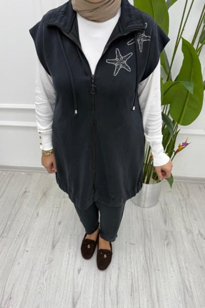 Yelekli Yıldız Takım – Modal Oysho  Kumaş, Düğme Detaylı Pantolon Siyah