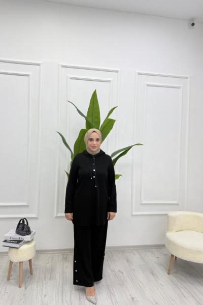 Kapüşonlu Çıtçıt Detaylı Rahat Takım Siyah