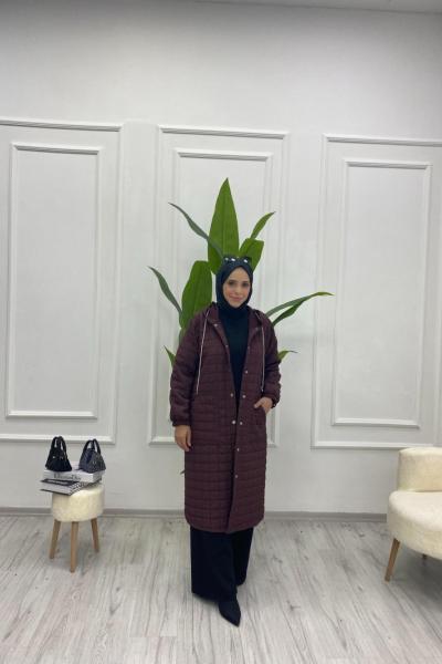 Parıltılı Kordon Detaylı Kapitone Kap  Mürdüm