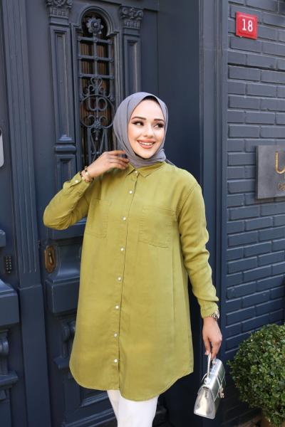 Cep Detaylı Tensel Gömlek Yağ Yeşili