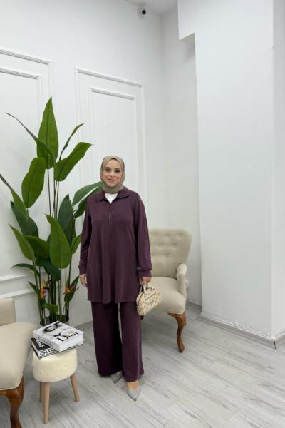 Yarım Fermuarlı Oysho Kumaş İkili Takım Mürdüm