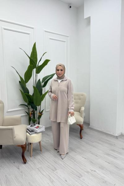 Yarım Fermuarlı Oysho Kumaş İkili Takım Bej