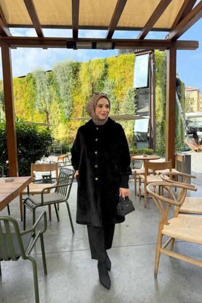 Düğmeli Angora Kaban  Siyah