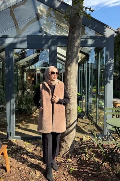 Kadın Angora Kapşonlu Fermuarlı yelek  Sütlü Kahve