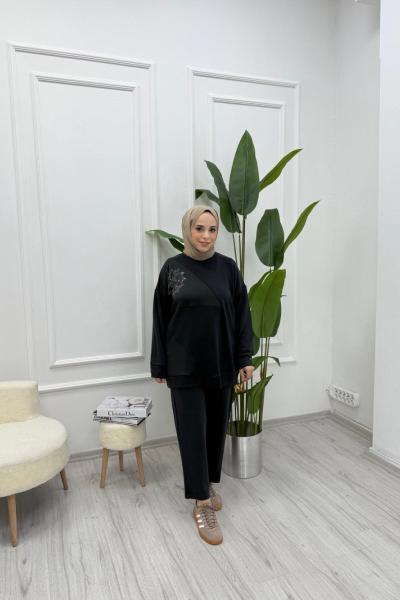 Çiçek Detaylı Oysho Kumaş Kadın İkili Takım Siyah