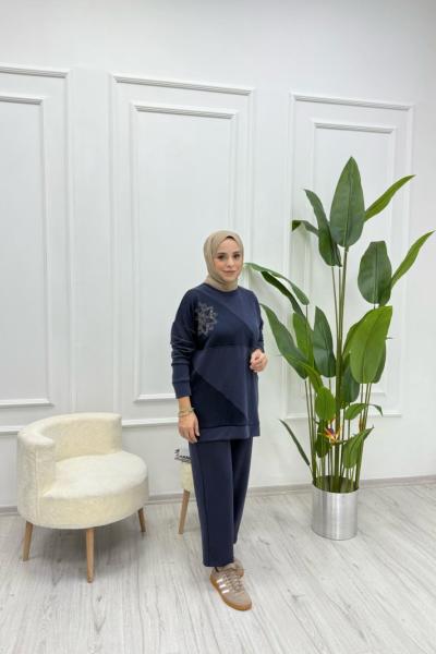 Çiçek Detaylı Oysho Kumaş Kadın İkili Takım Lacivert