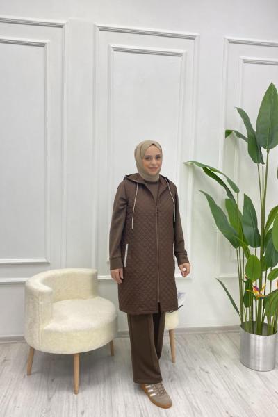 Taş Detaylı Kapşonlu Kapitone Yelek Kahverengi