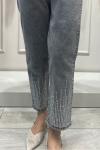 Likralı Lastikli Kot Pantolon Serpme Taş Paça Detaylı Rahat Kalıp Gri