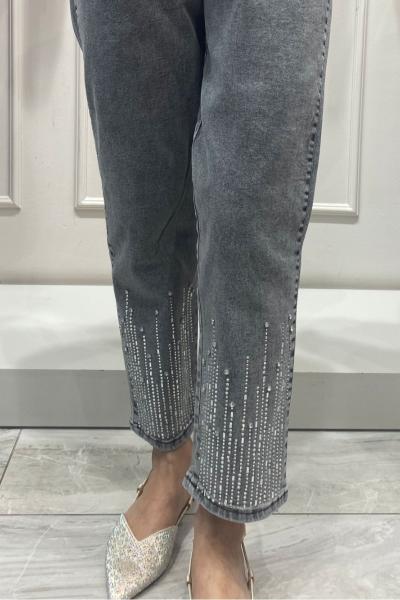 Likralı Lastikli Kot Pantolon Serpme Taş Paça Detaylı Rahat Kalıp Gri