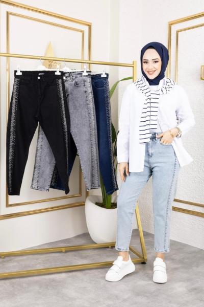 Şerit Taşlı Likralı Kot Pantolon Açık Mavi