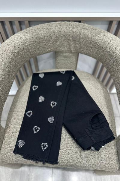 Kadın Taşlı Kalp Detaylı Fullikralı Kot Pant Siyah