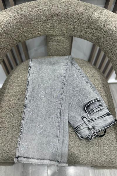 Kadın Taşlı Kalp Detaylı Fullikralı Kot Pant Gri