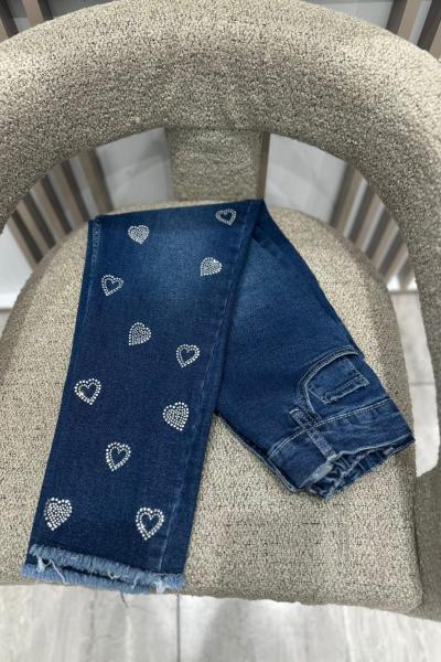 Kadın Taşlı Kalp Detaylı Fullikralı Kot Pant Lacivert