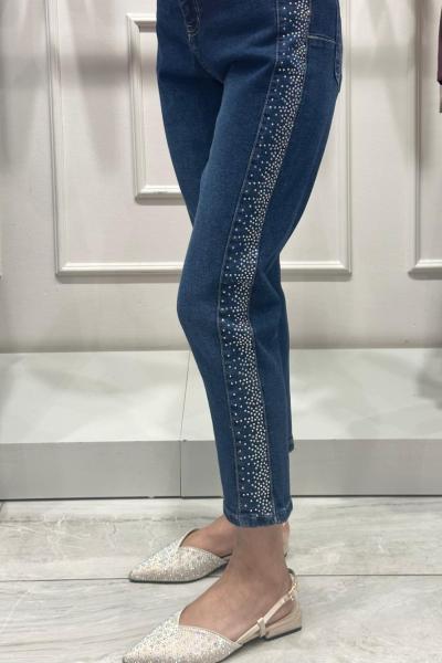 Şerit Taşlı Likralı Kot Pantolon Lacivert