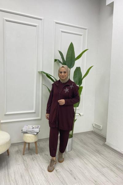 Yelekli Yıldız Takım – Modal Oysho  Kumaş, Düğme Detaylı Pantolon Bordo