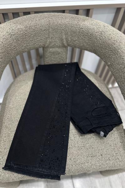 Paça Püsküllü Kot Taş Detaylı Kot Pantolon Siyah