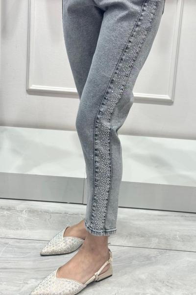 Şerit Taşlı Likralı Kot Pantolon Gri