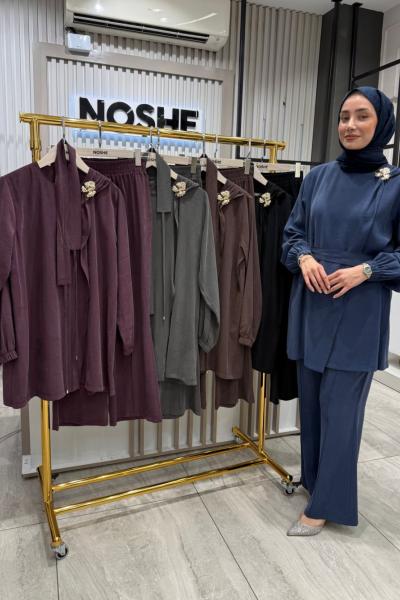 Kupra Kumaş Aksesuarlı Tunik Takım Lacivert