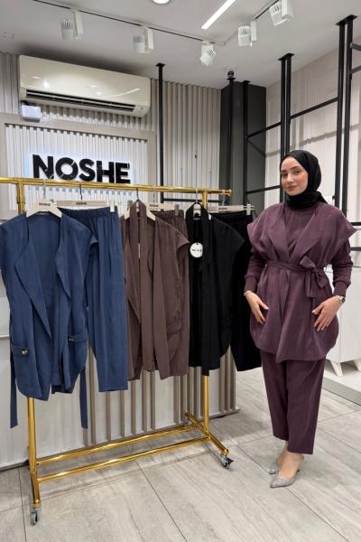 Broş Detaylı Yelekli Takım Kahverengi