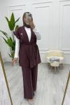 Kadın İpek Kupra Kumaş İkili Yelekli Takım Kuşaklı Yelek - Lastikli Pantolon Bordo