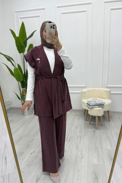 Kadın İpek Kupra Kumaş İkili Yelekli Takım Kuşaklı Yelek - Lastikli Pantolon Bordo