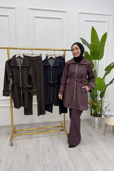 Fermuarlı Kot Takım – Şık ve Modern Kesim Bordo