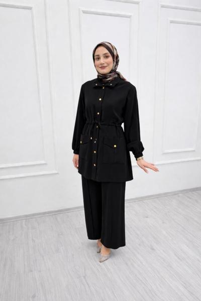 Premium İpek Kupra Takım – Ayarlanabilir Bel Detaylı Siyah