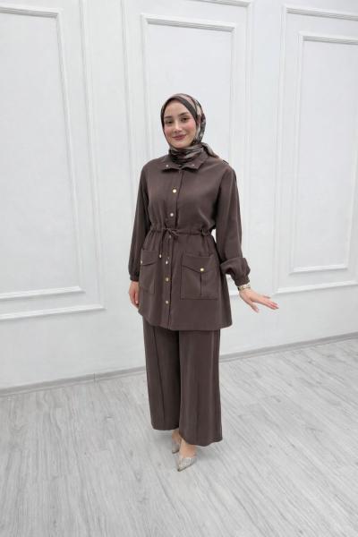 Premium İpek Kupra Takım – Ayarlanabilir Bel Detaylı Kahverengi
