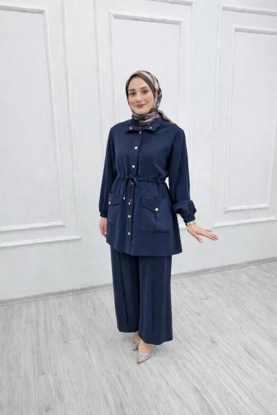 Premium İpek Kupra Takım – Ayarlanabilir Bel Detaylı Lacivert