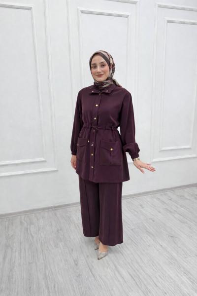 Premium İpek Kupra Takım – Ayarlanabilir Bel Detaylı Mürdüm