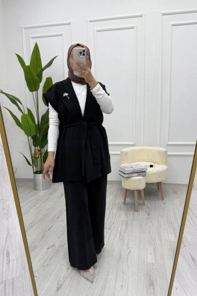 Kadın İpek Kupra Kumaş İkili Yelekli Takım Kuşaklı Yelek - Lastikli Pantolon Siyah