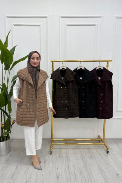 Kapitone Kumaş Şal Yaka Yelek Kahverengi